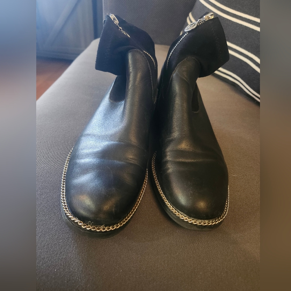 Wishbone Black Leather Ankle Boots with Silver Chain Detail